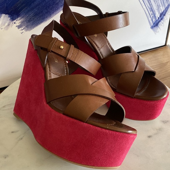NEW SERGIO ROSSI Brown Leather & Berry Suede Platform Wedge Sandals Size 38 1/2 - Picture 14 of 17